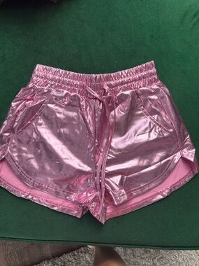 Women's Shiny Pink Athletic Shorts with Drawstring Waist